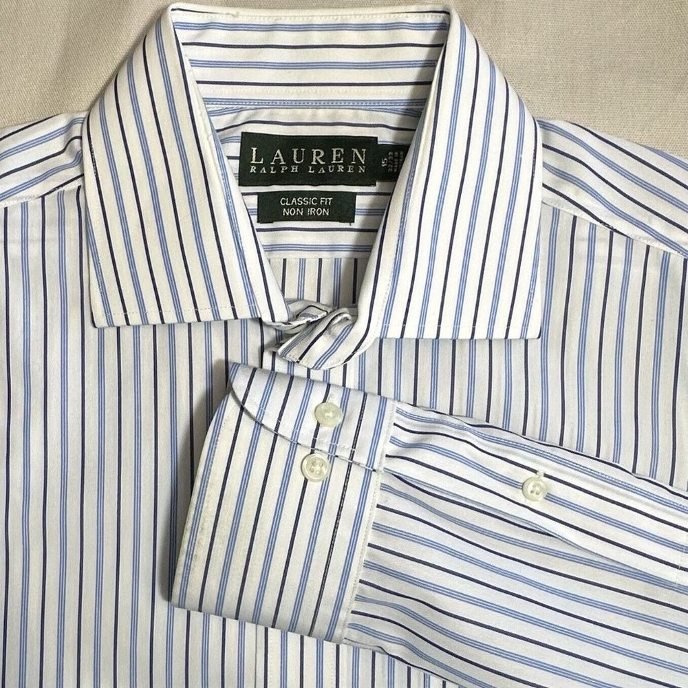 Lauren Ralph Lauren Mens Sz 15 Blue Stripe‎ Cotton Classic Fit Long Sleeve Shirt